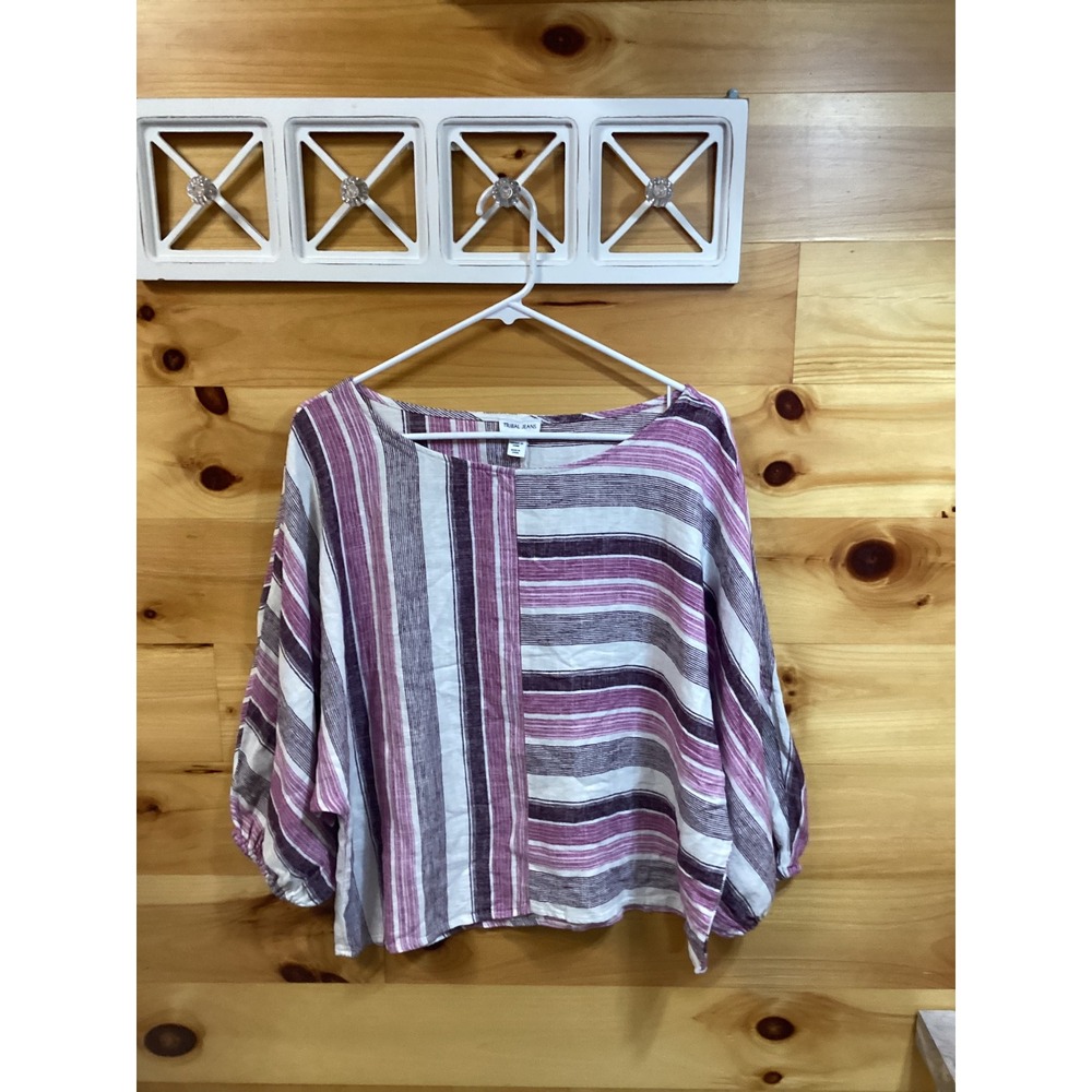 Tribal Jeans Womens M Purple Striped Linen Blend Dolman Sleeve Blouse Top